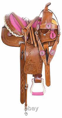 Pink Crystal Leather Western Pleasure Trail Show Barrel Horse Saddle Set 10-18