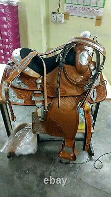Western Pleasure Cowhide Genuine Leather Silver Show Horse Saddle Tack 14 to 18